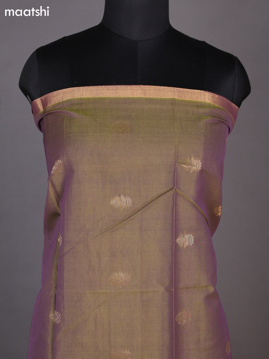 Dual Shade Of Green and Deep Navy Blue Kora Silk Cotton Dress Material With Zari Buttas and Bottom & Zari Dupatta