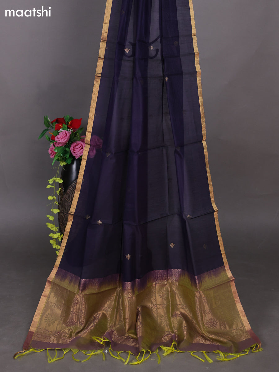 Dual Shade Of Green and Deep Navy Blue Kora Silk Cotton Dress Material With Zari Buttas and Bottom & Zari Dupatta