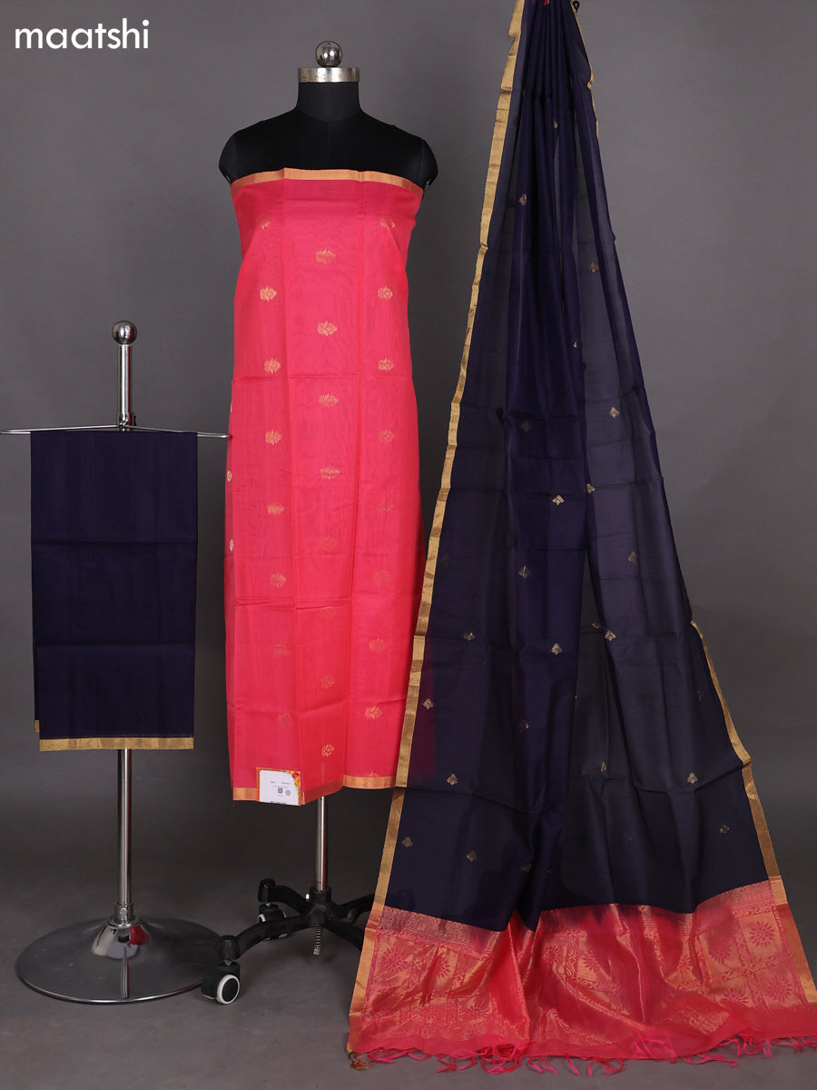 Peach Pink and Navy Blue Kora Silk Cotton Dress Material With Zari Buttas and Bottom & Zari Dupatta