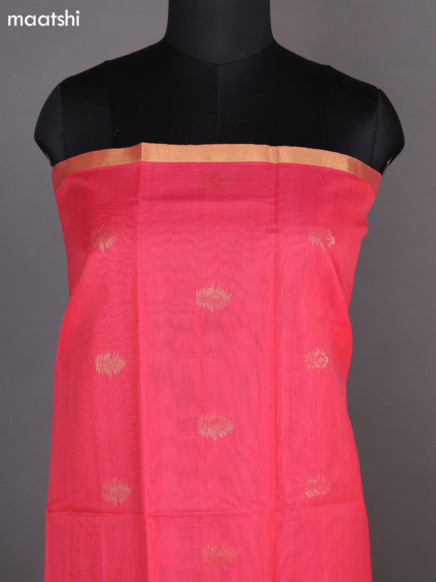 Peach Pink and Navy Blue Kora Silk Cotton Dress Material With Zari Buttas and Bottom & Zari Dupatta