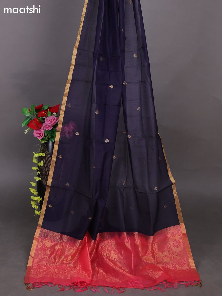 Peach Pink and Navy Blue Kora Silk Cotton Dress Material With Zari Buttas and Bottom & Zari Dupatta