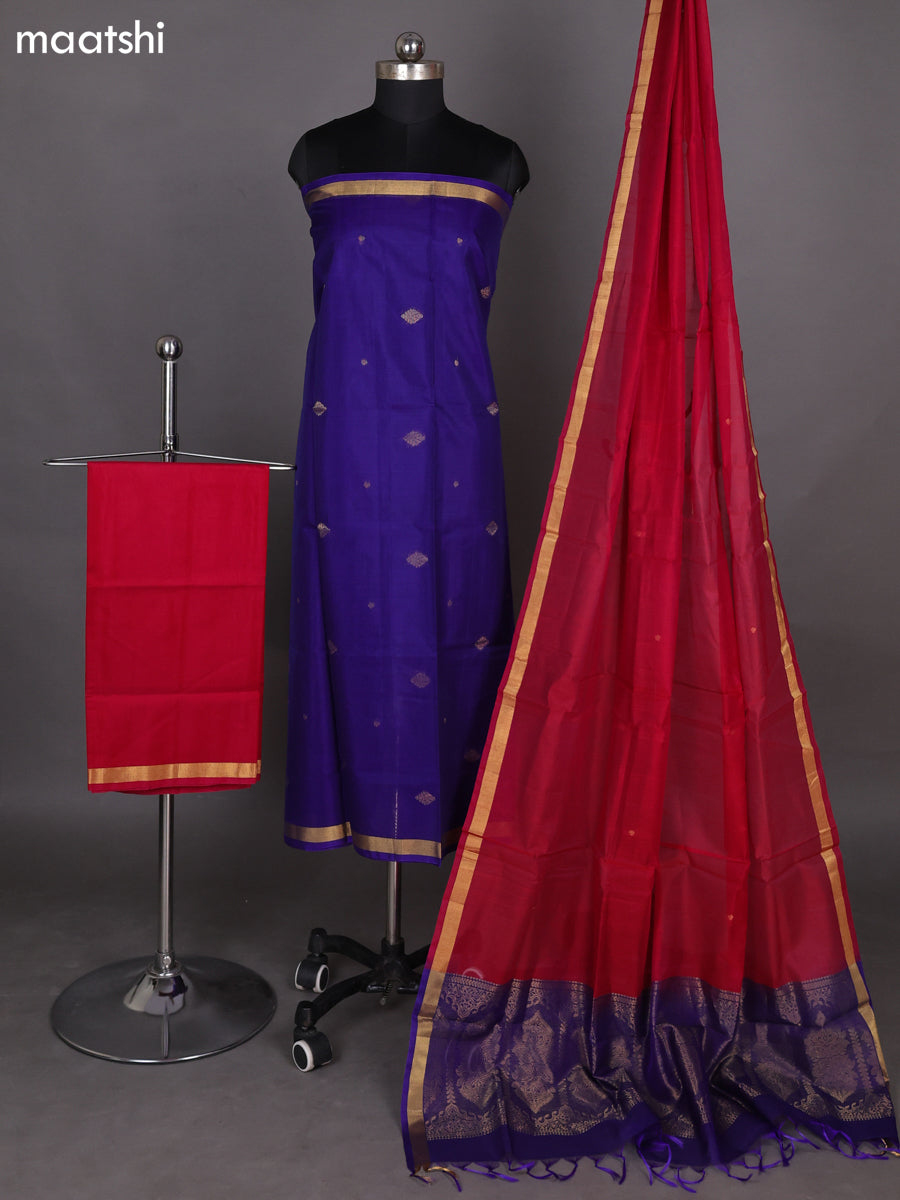Royal Blue and Kumkum Red Kora Silk Cotton Dress Material With Zari Buttas and Bottom & Zari Dupatta
