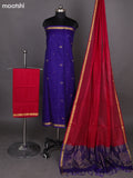 Royal Blue and Kumkum Red Kora Silk Cotton Dress Material With Zari Buttas and Bottom & Zari Dupatta