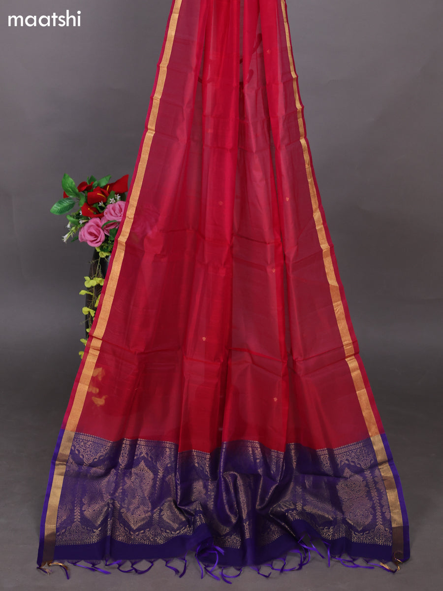 Royal Blue and Kumkum Red Kora Silk Cotton Dress Material With Zari Buttas and Bottom & Zari Dupatta