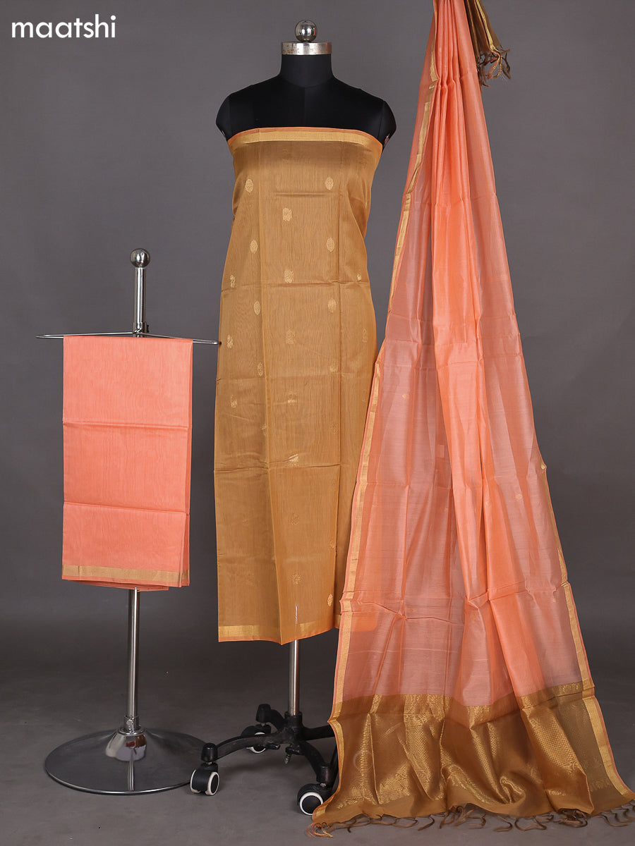 Sandal and Peach Shade Kora Silk Cotton Dress Material With Zari Buttas and Bottom & Zari Dupatta
