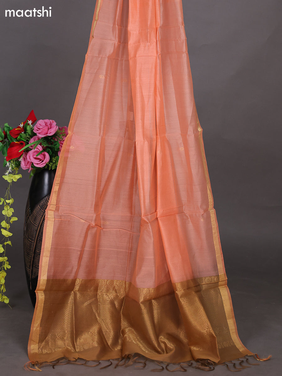 Sandal and Peach Shade Kora Silk Cotton Dress Material With Zari Buttas and Bottom & Zari Dupatta