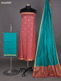Dark Peach and Teal Green Kora Silk Cotton Dress Material With Zari Buttas and Bottom & Zari Dupatta