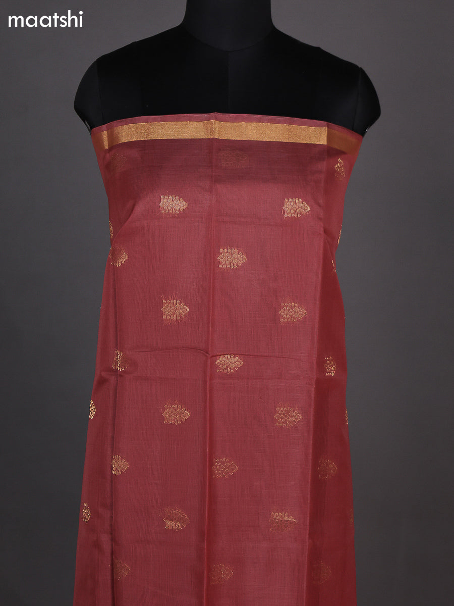 Dark Peach and Teal Green Kora Silk Cotton Dress Material With Zari Buttas and Bottom & Zari Dupatta