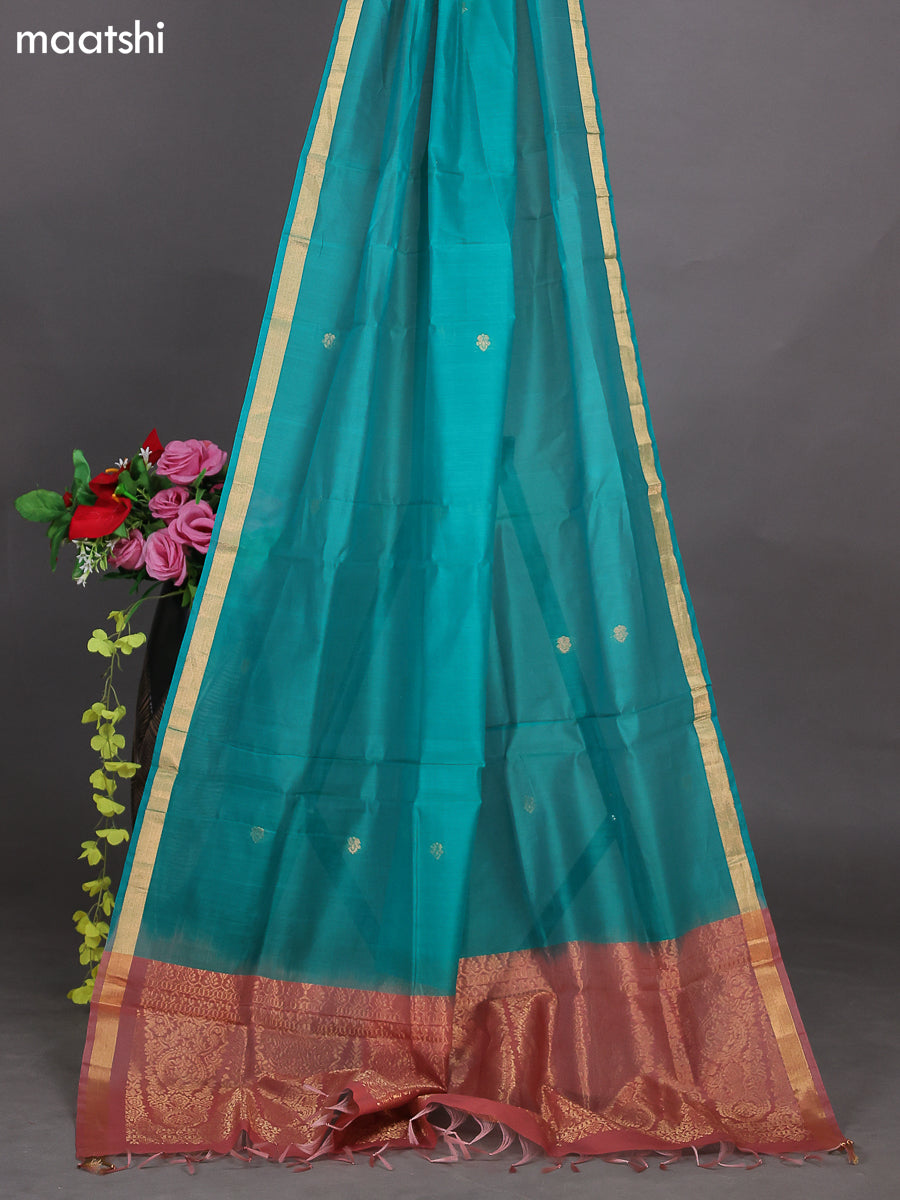 Dark Peach and Teal Green Kora Silk Cotton Dress Material With Zari Buttas and Bottom & Zari Dupatta