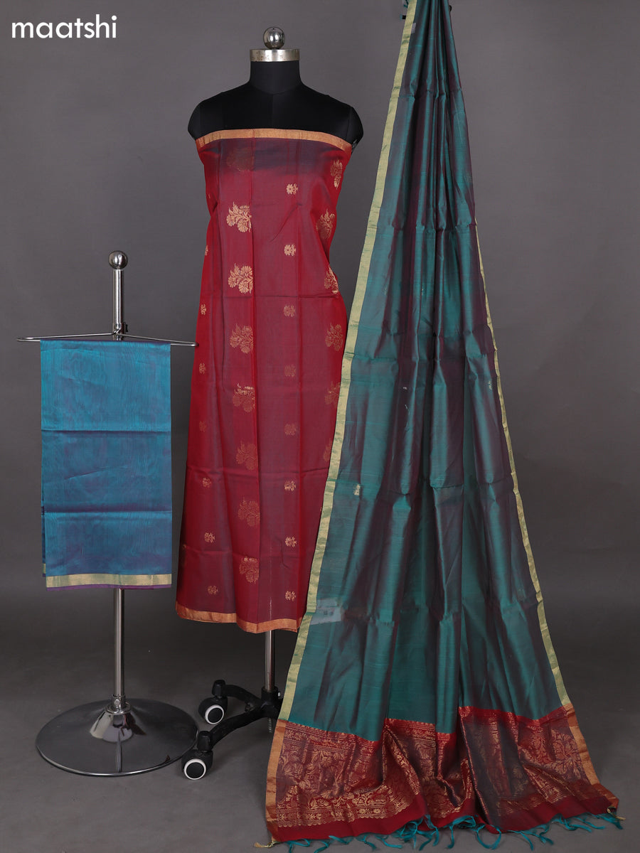 Dual Shade Of Maroon and Dual Shade Of Blue Kora Silk Cotton Dress Material With Zari Buttas and Bottom & Zari Dupatta