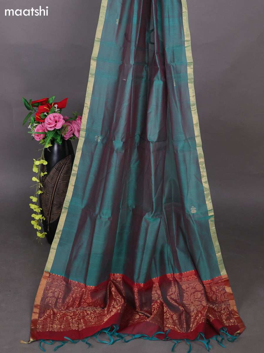 Dual Shade Of Maroon and Dual Shade Of Blue Kora Silk Cotton Dress Material With Zari Buttas and Bottom & Zari Dupatta