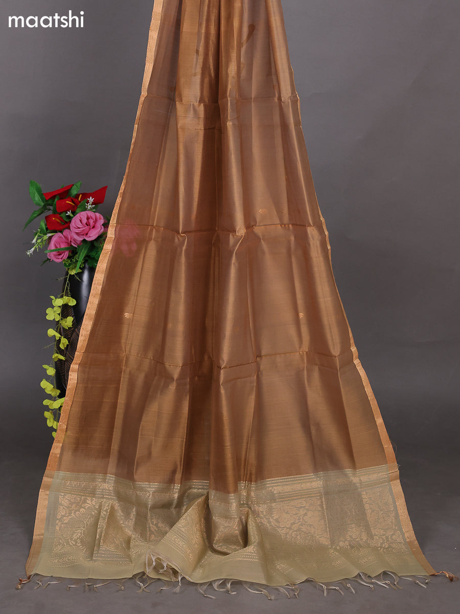 Elaichi Green and Drak Sandal Kora Silk Cotton Dress Material With Zari Buttas and Bottom & Zari Dupatta