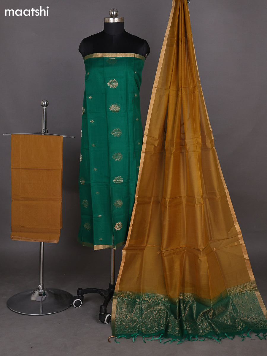 Green and Dark Sandal Kora Silk Cotton Dress Material With Zari Buttas and Bottom & Zari Dupatta