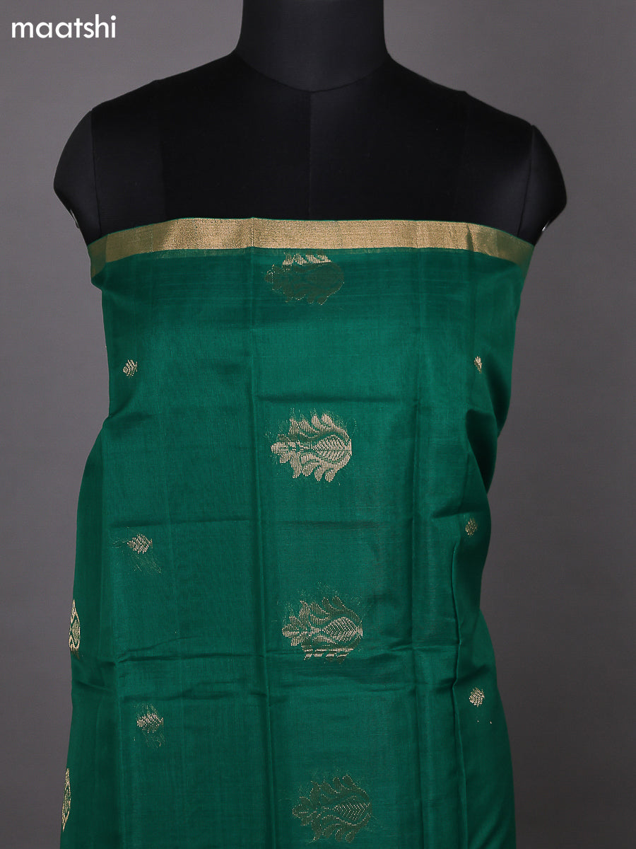 Green and Dark Sandal Kora Silk Cotton Dress Material With Zari Buttas and Bottom & Zari Dupatta