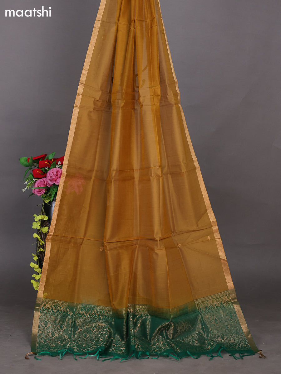 Green and Dark Sandal Kora Silk Cotton Dress Material With Zari Buttas and Bottom & Zari Dupatta