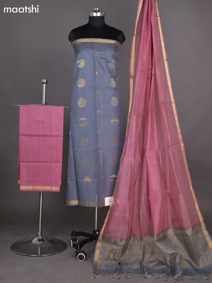 Pastel Grey and Mauve Pink Kora Silk Cotton Dress Material With Zari Buttas and Bottom & Zari Dupatta