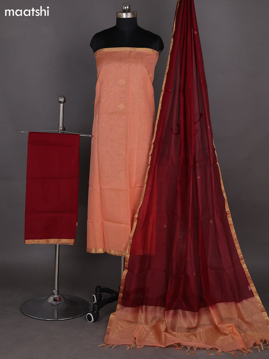 Peach Shade and Maroon Kora Silk Cotton Dress Material With Zari Buttas and Bottom & Zari Dupatta
