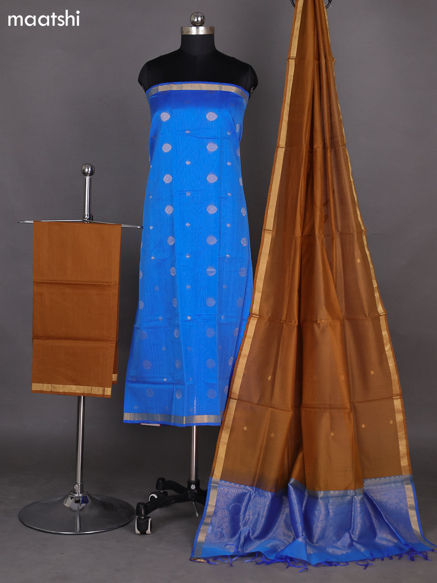 Blue and Drak Sandal Kora Silk Cotton Dress Material With Zari Buttas and Bottom & Zari Dupatta