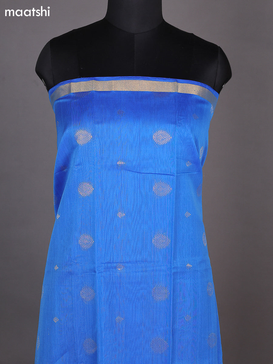Blue and Drak Sandal Kora Silk Cotton Dress Material With Zari Buttas and Bottom & Zari Dupatta