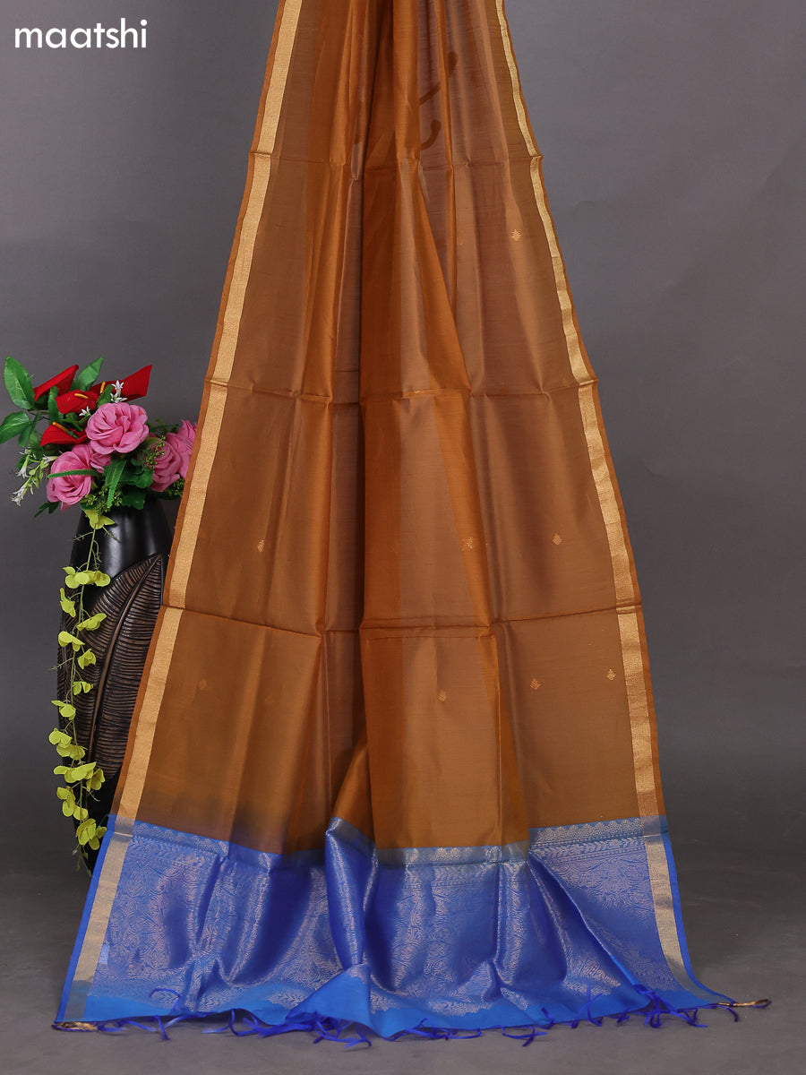 Blue and Drak Sandal Kora Silk Cotton Dress Material With Zari Buttas and Bottom & Zari Dupatta