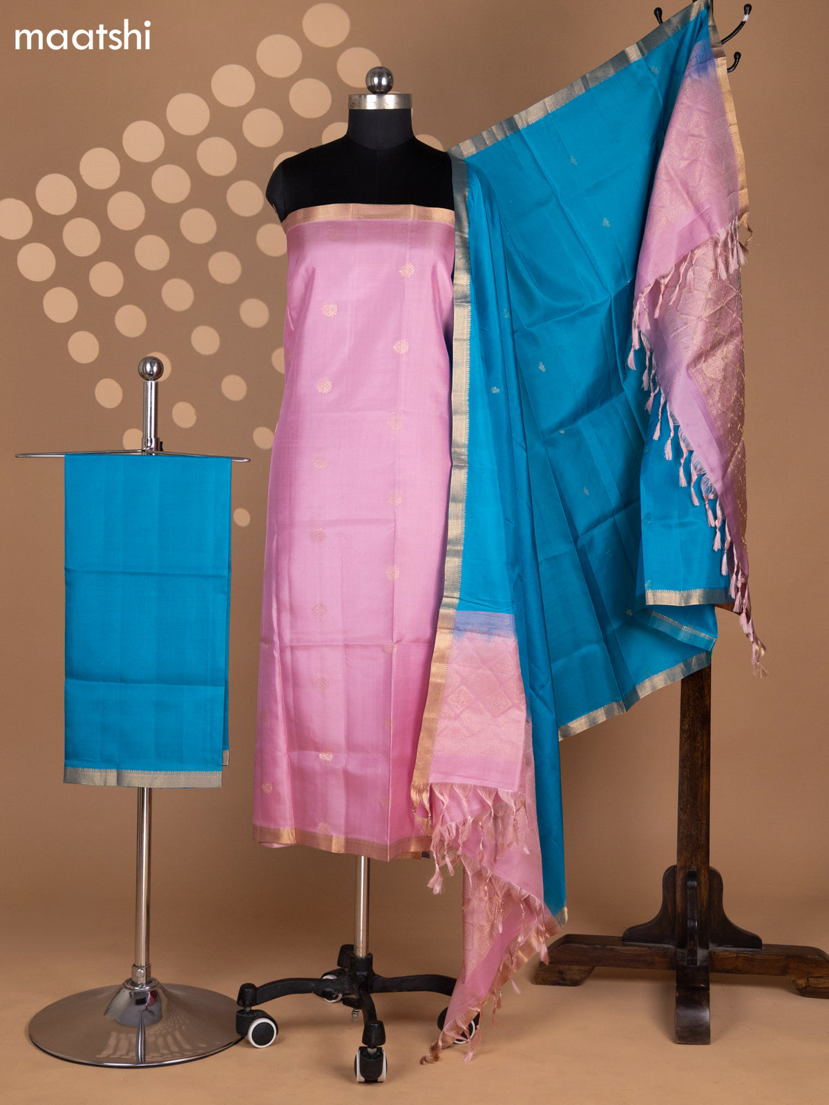 Baby Pink and Teal Blue Pure Silk Dress Material With Zari Buttas