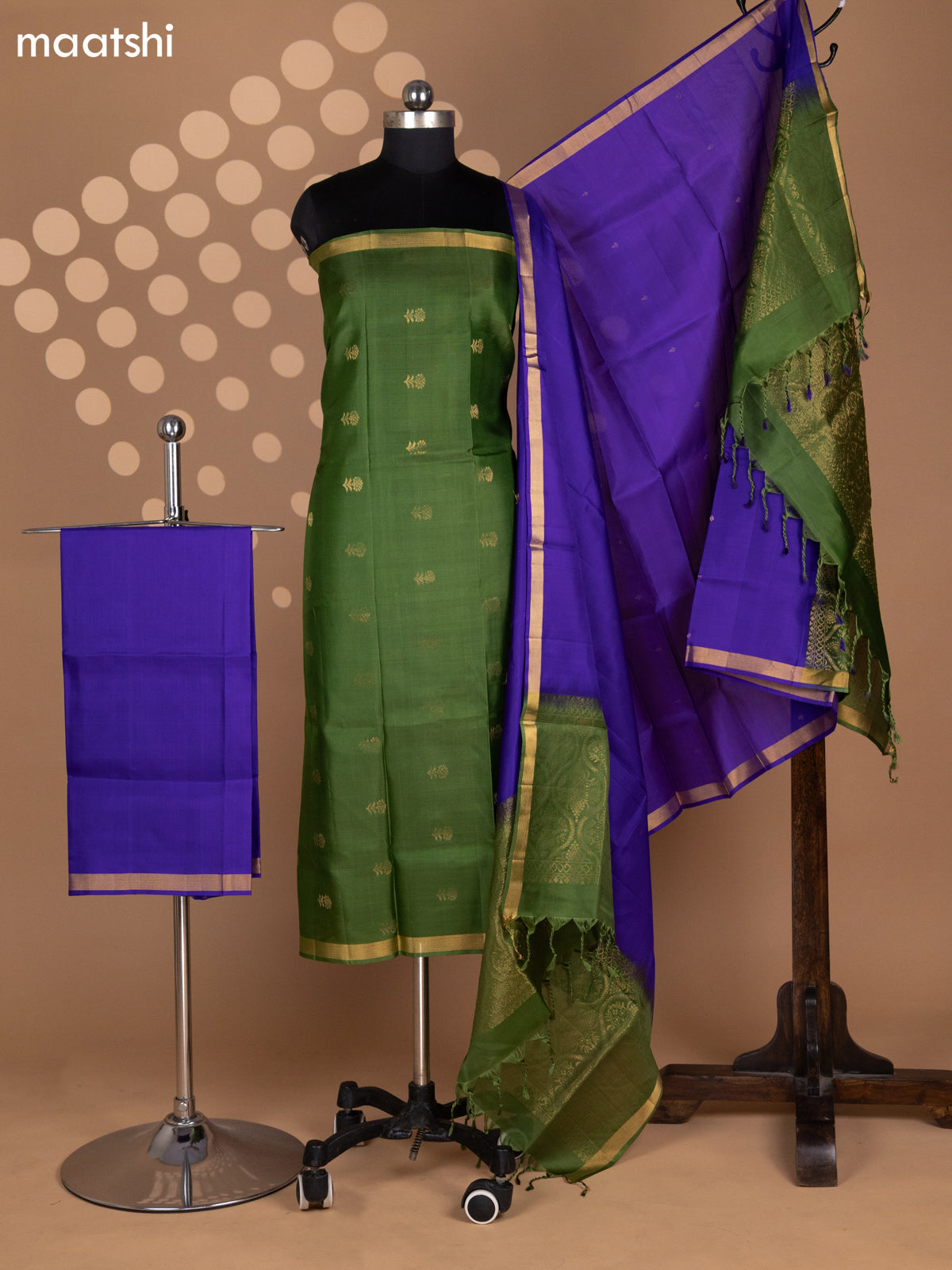 Green and Royal Blue Pure Silk Dress Material With Zari Buttas