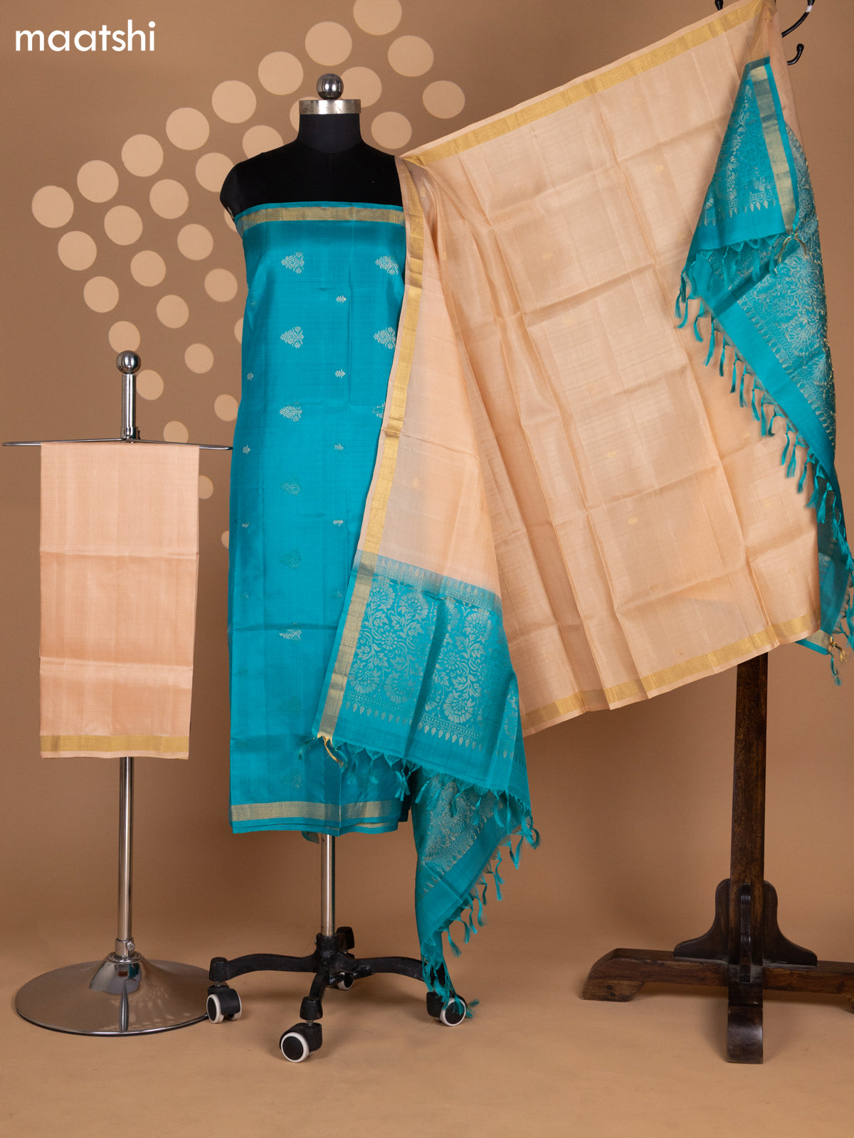 Teal Green and Mild Peach Pure Silk Dress Material With Zari Buttas