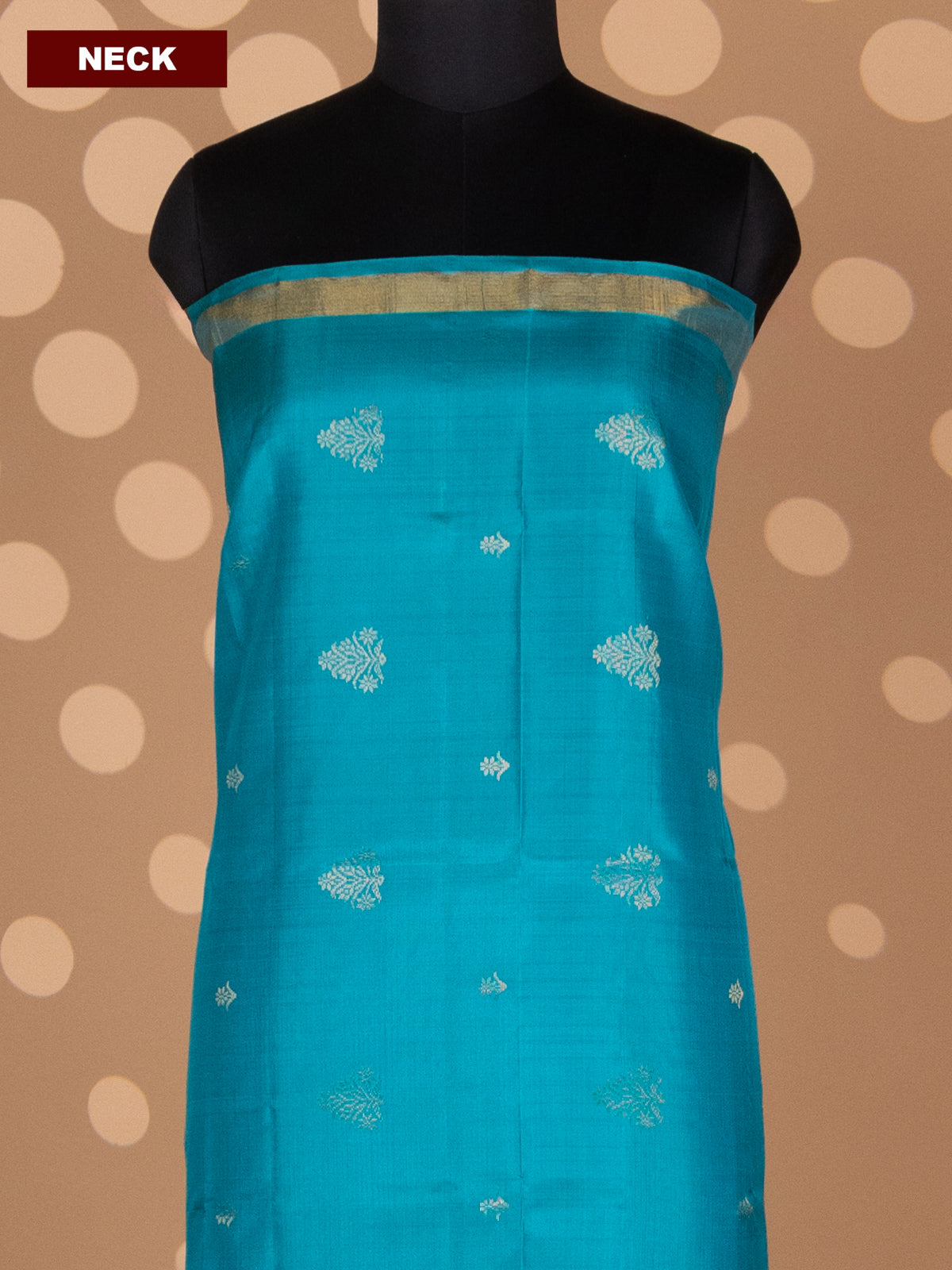 Teal Green and Mild Peach Pure Silk Dress Material With Zari Buttas