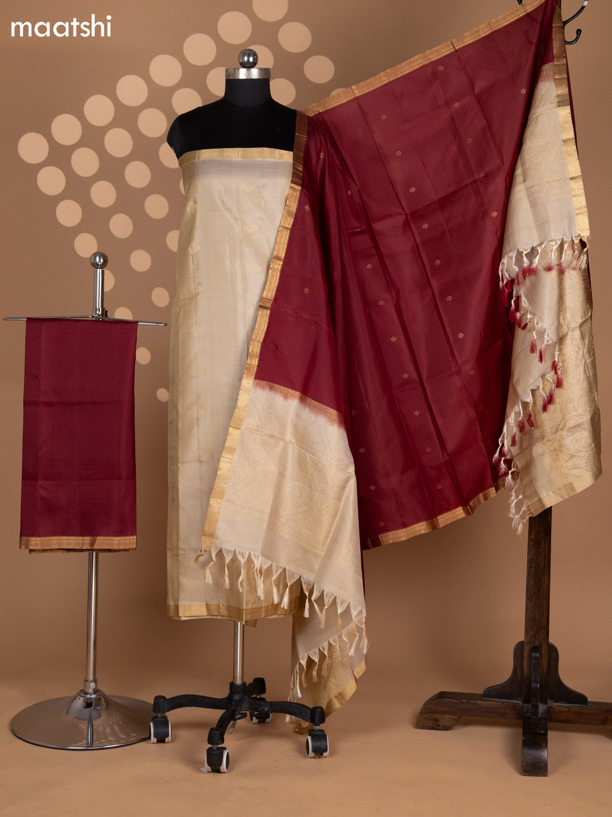 Beige and Maroon Pure Silk Dress Material With Zari Buttas