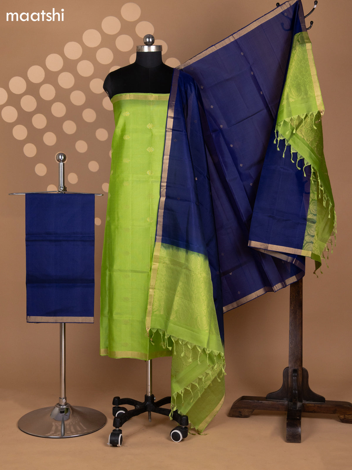 Light Green and Navy Blue Pure Silk Dress Material With Zari Buttas