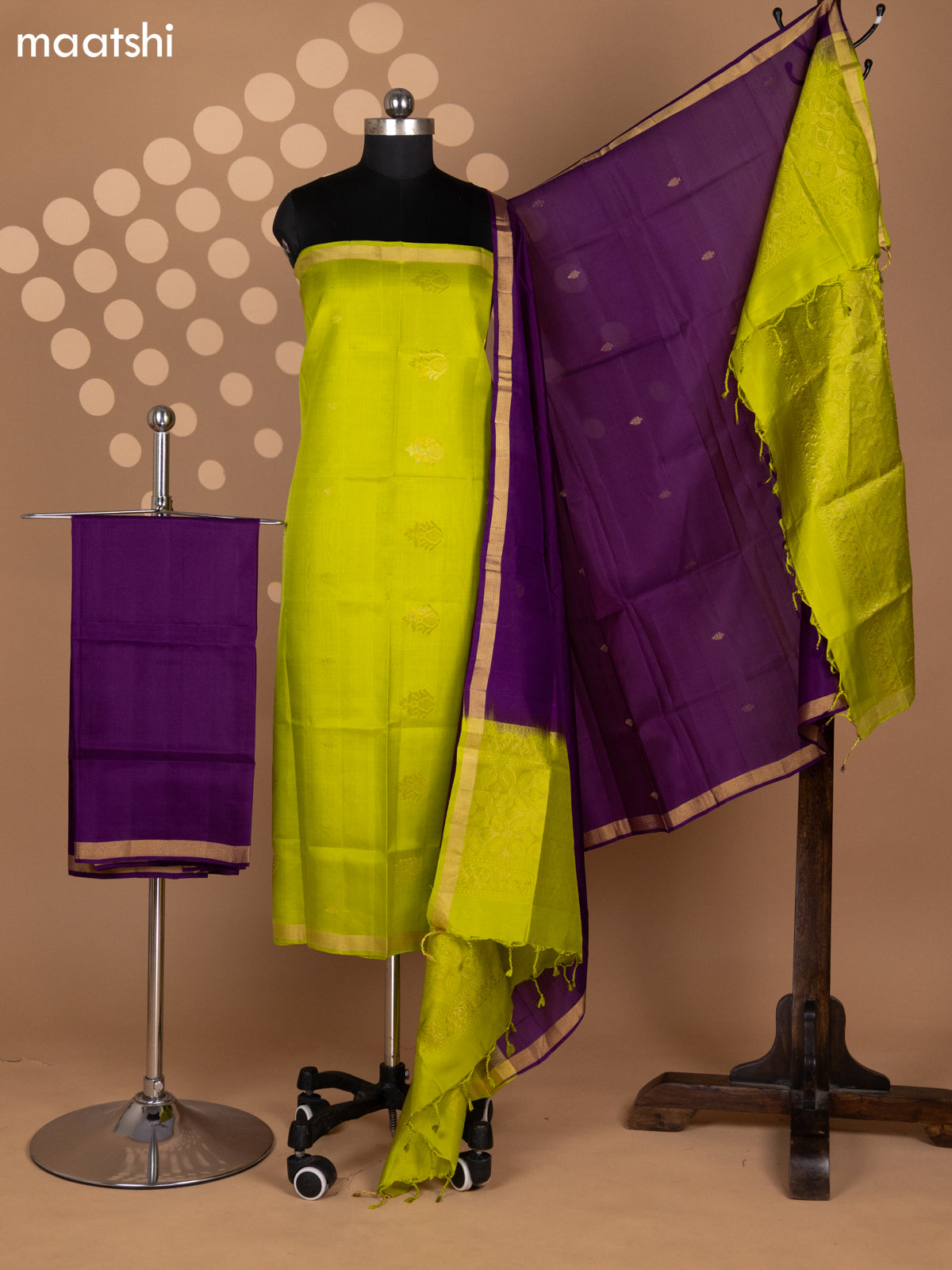 Lime Green and Purple Pure Silk Dress Material With Zari Buttas