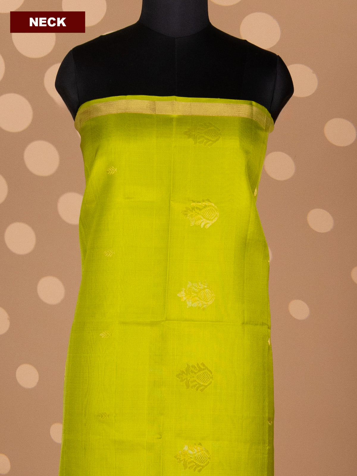 Lime Green and Purple Pure Silk Dress Material With Zari Buttas