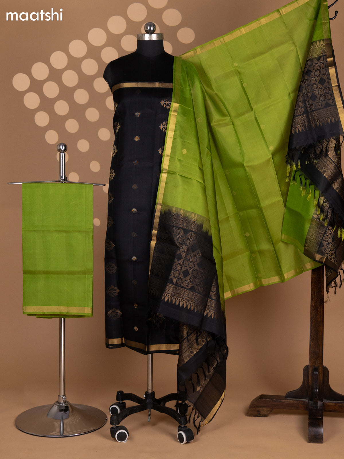 Black and Green Pure Silk Dress Material With Zari Buttas