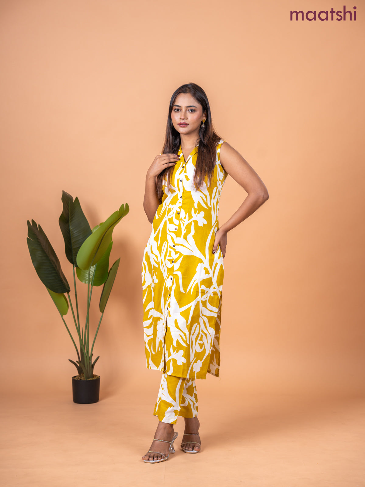 Cotton co-ord set mustard yellow and cream with allover prints & collar neck pattern and straight cut pant & sleeve attached
