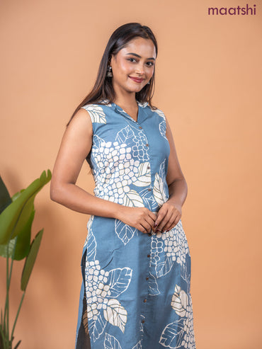Cotton co-ord set greyish blue and beige with allover prints & collar neck pattern and straight cut pant & sleeve attached