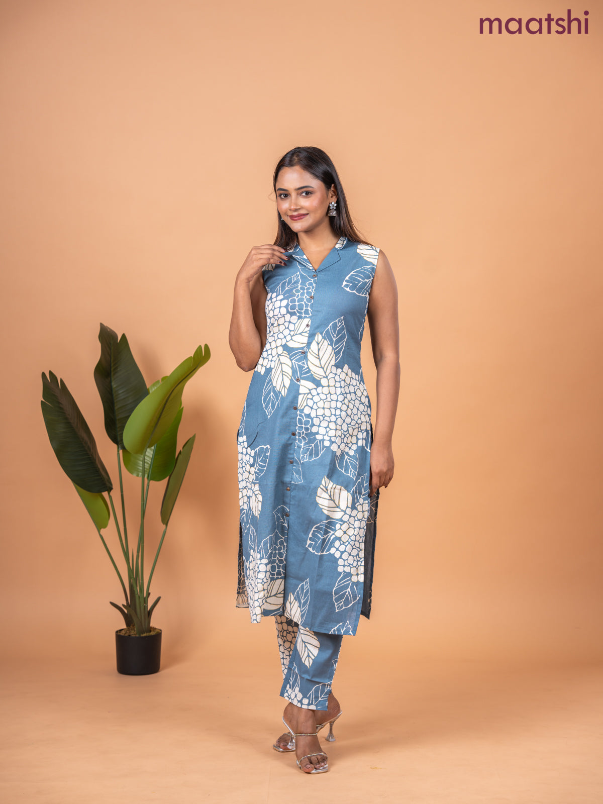 Cotton co-ord set greyish blue and beige with allover prints & collar neck pattern and straight cut pant & sleeve attached