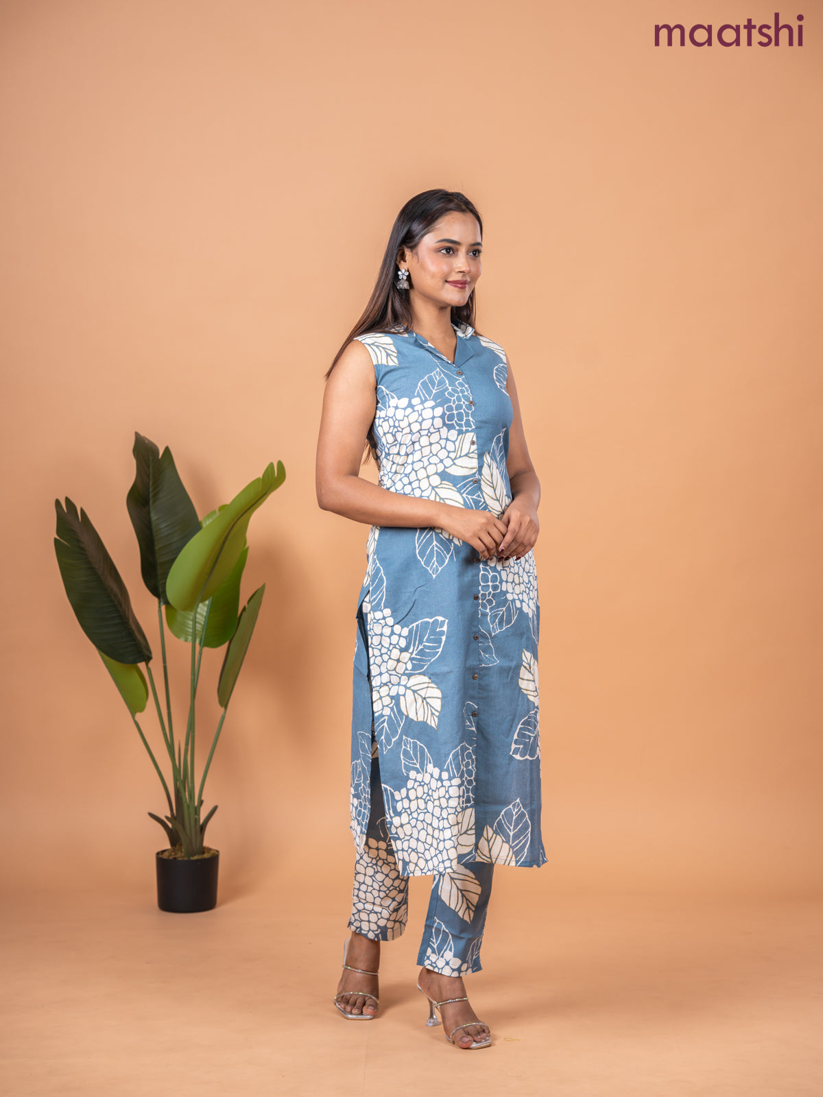 Cotton co-ord set greyish blue and beige with allover prints & collar neck pattern and straight cut pant & sleeve attached