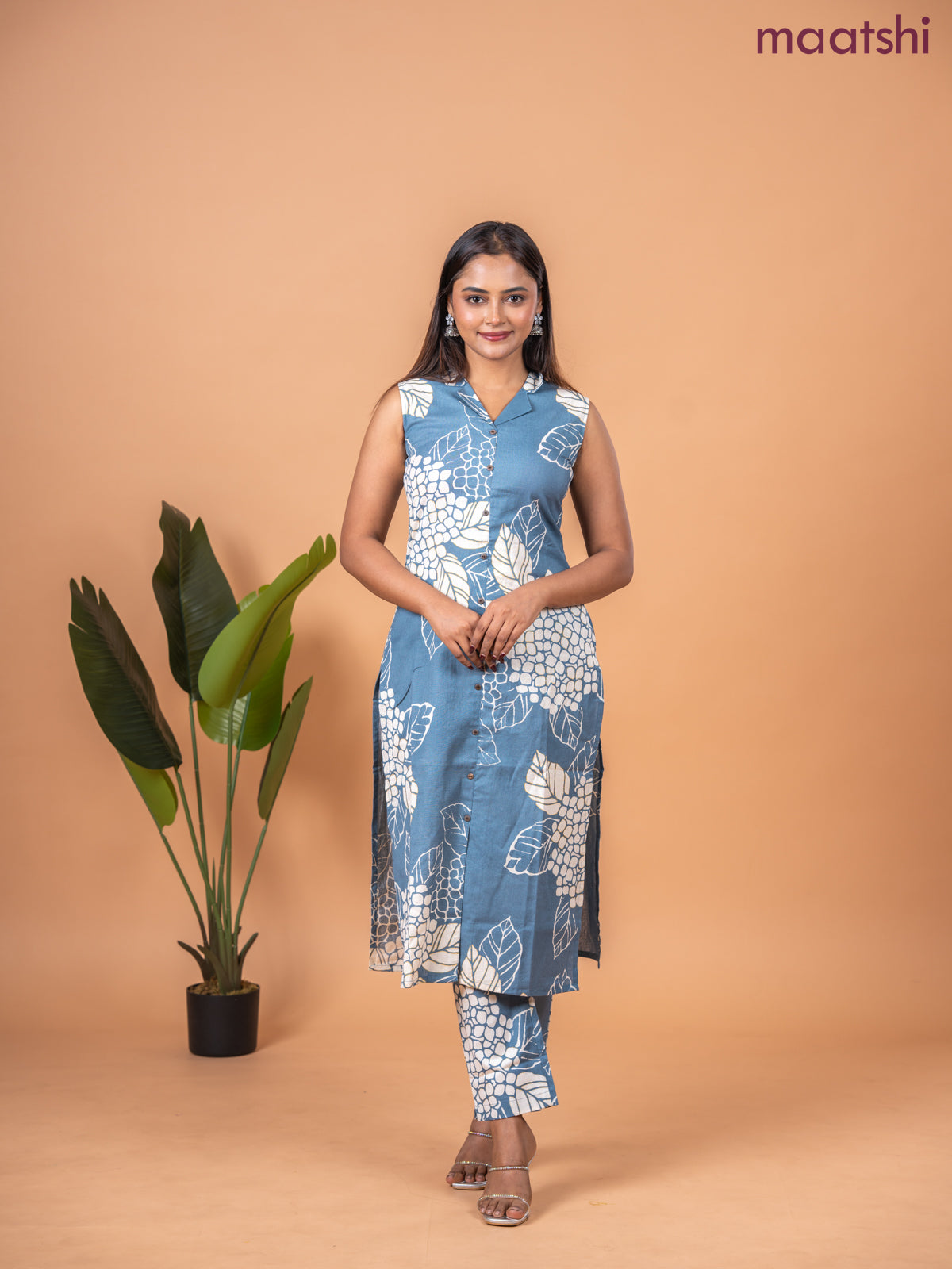 Cotton co-ord set greyish blue and beige with allover prints & collar neck pattern and straight cut pant & sleeve attached