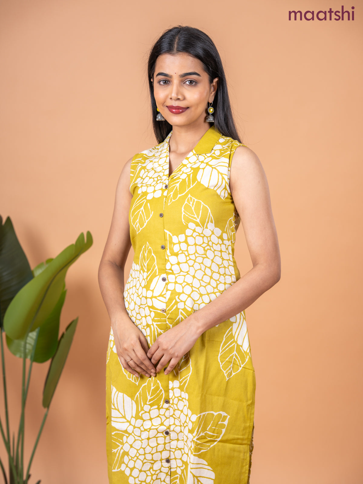 Cotton co-ord set lime green and beige with allover prints & collar neck pattern and straight cut pant & sleeve attached