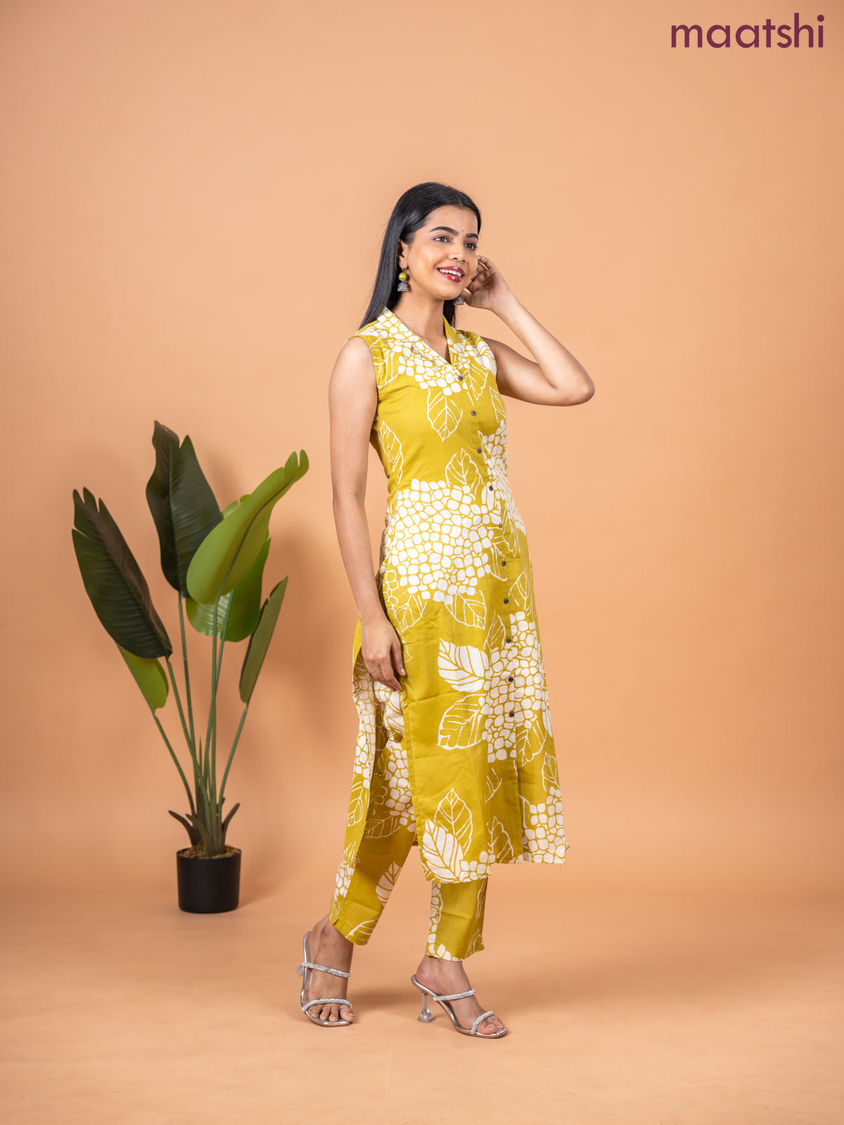 Cotton co-ord set lime green and beige with allover prints & collar neck pattern and straight cut pant & sleeve attached