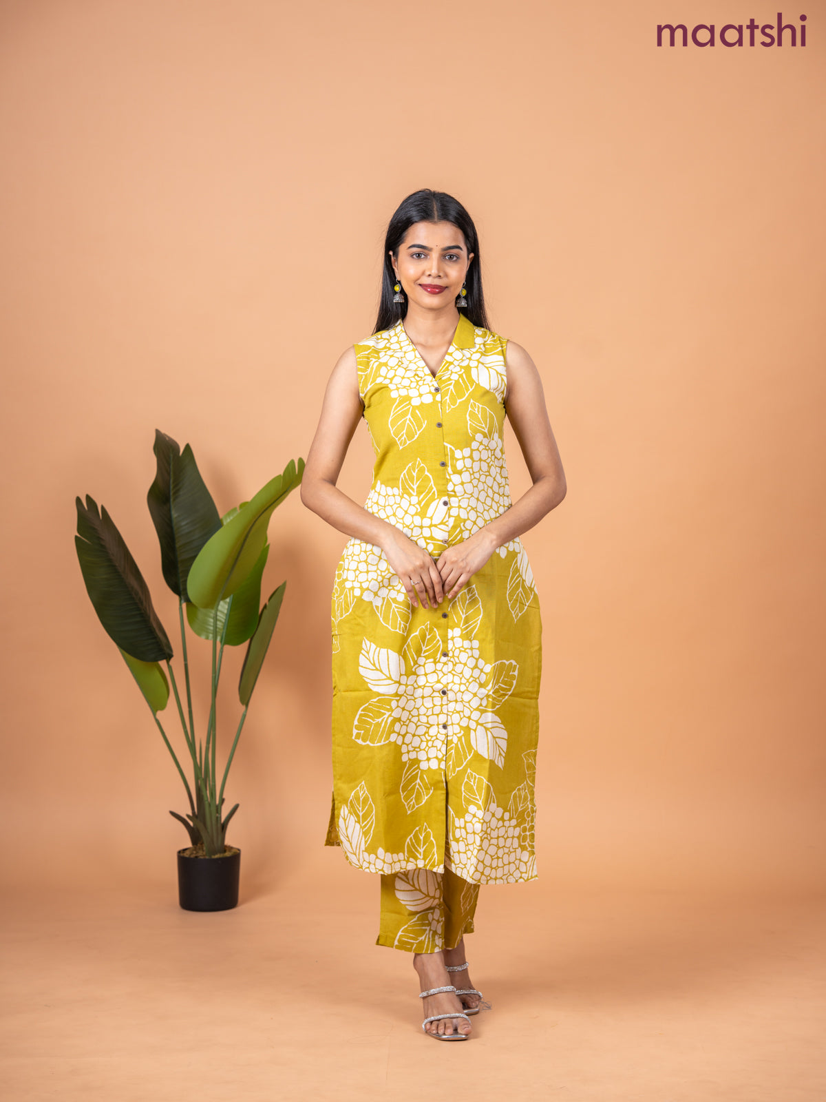 Cotton co-ord set lime green and beige with allover prints & collar neck pattern and straight cut pant & sleeve attached