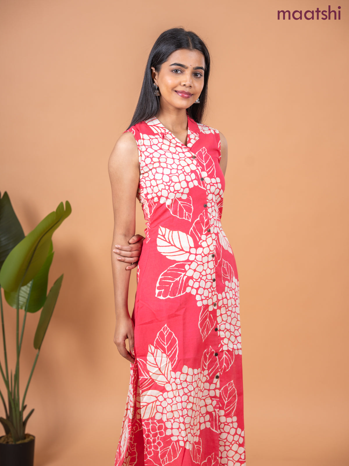 Cotton co-ord set peach pink and beige with allover prints & collar neck pattern and straight cut pant & sleeve attached