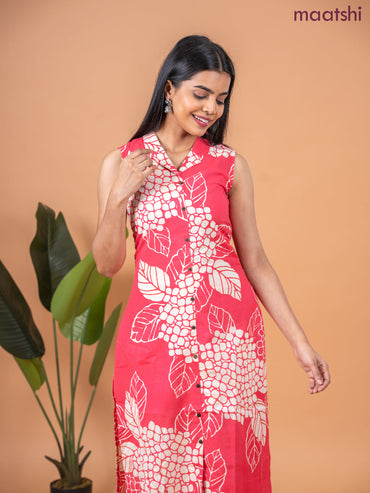 Cotton co-ord set peach pink and beige with allover prints & collar neck pattern and straight cut pant & sleeve attached