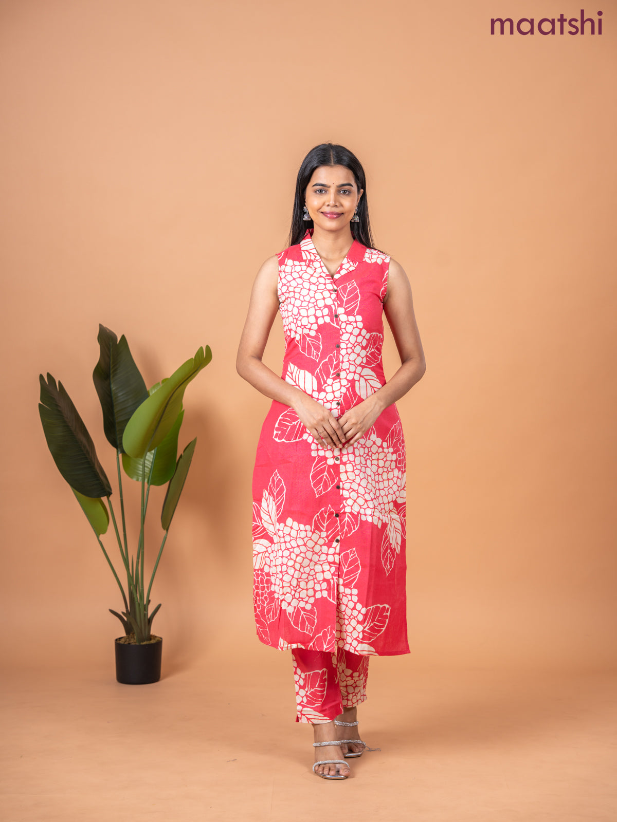Cotton co-ord set peach pink and beige with allover prints & collar neck pattern and straight cut pant & sleeve attached