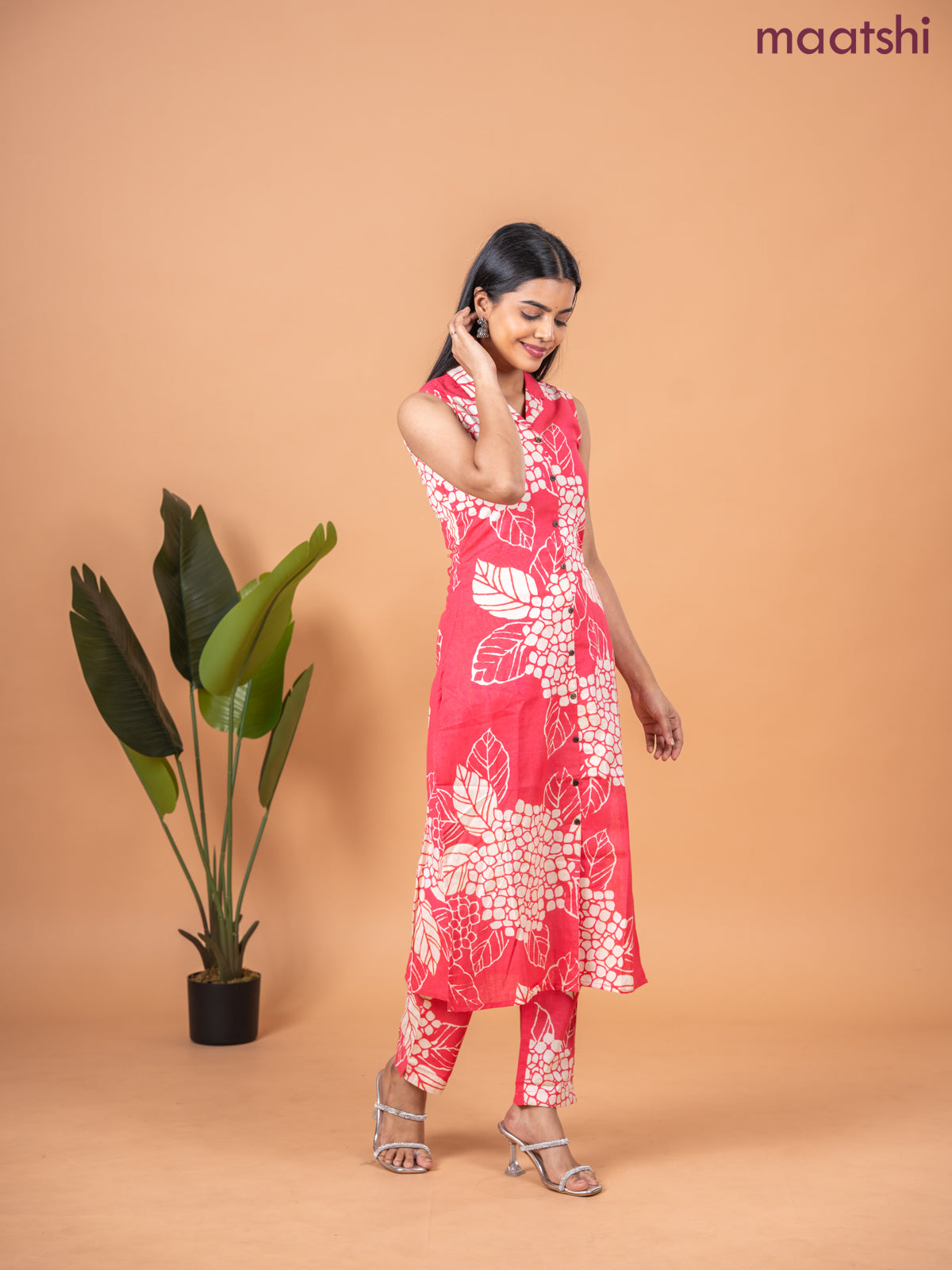 Cotton co-ord set peach pink and beige with allover prints & collar neck pattern and straight cut pant & sleeve attached