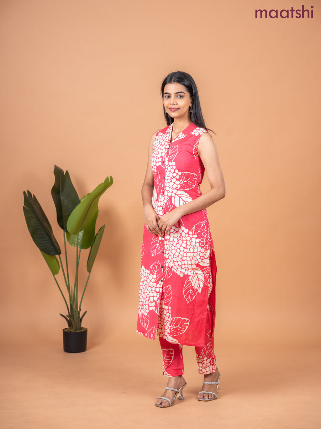 Cotton co-ord set peach pink and beige with allover prints & collar neck pattern and straight cut pant & sleeve attached