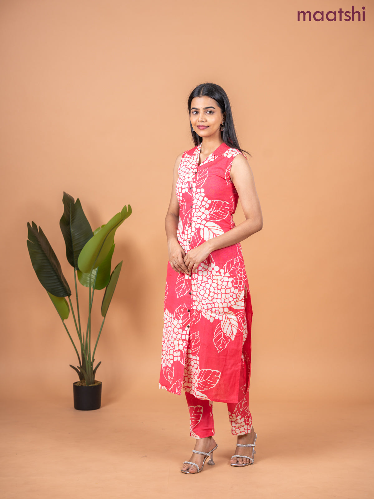 Cotton co-ord set peach pink and beige with allover prints & collar neck pattern and straight cut pant & sleeve attached