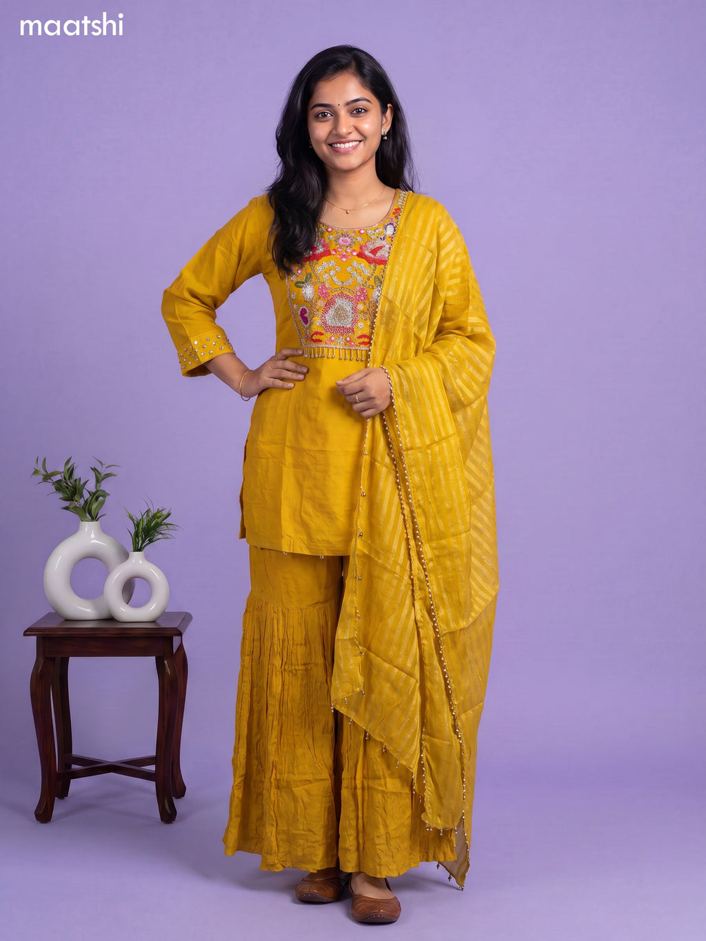 Mustard Yellow Art Silk Embroidery Work Short Straight Suit