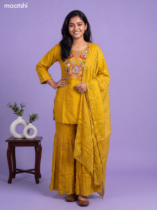 Mustard Yellow Art Silk Embroidery Work Short Straight Suit