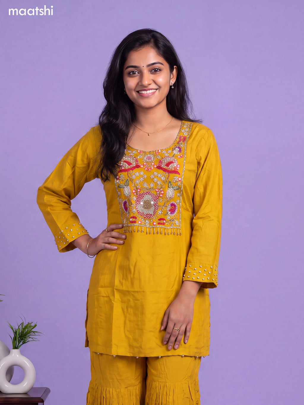 Mustard Yellow Art Silk Embroidery Work Short Straight Suit